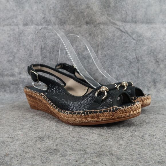 Derimod Shoes Womens 37 Sandal Espadrille Slingback Fashion Peep Toe Black Wedge - Picture 1 of 13